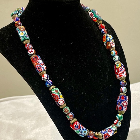 RARE Vintage Murano Millefiori Moretti Venetian Rectangle Glass Bead Necklace - Picture 11 of 11